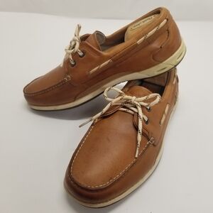 Clarks Rock Men Sz 9.5 Tan Leather Boat Dock Deck Shoe Slip On Lace Up Moccasin